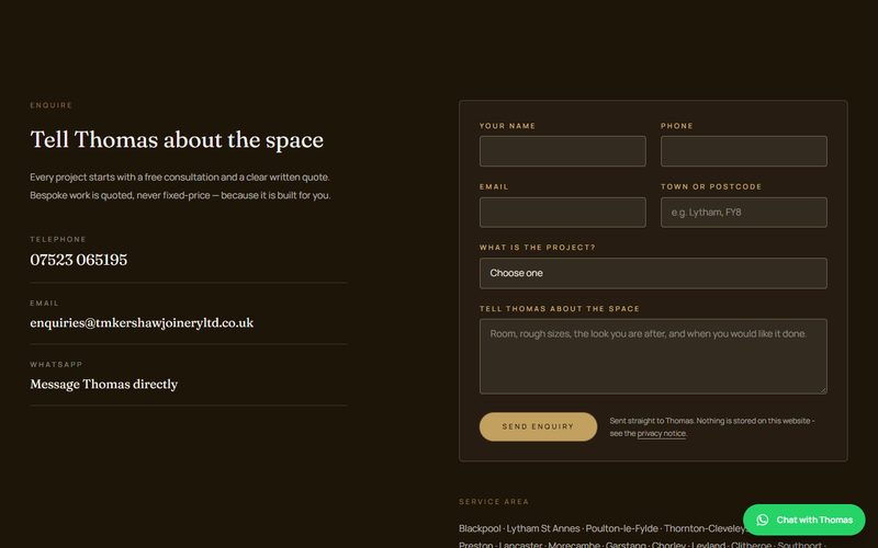 TM Kershaw Joinery Ltd website – Enquiry form