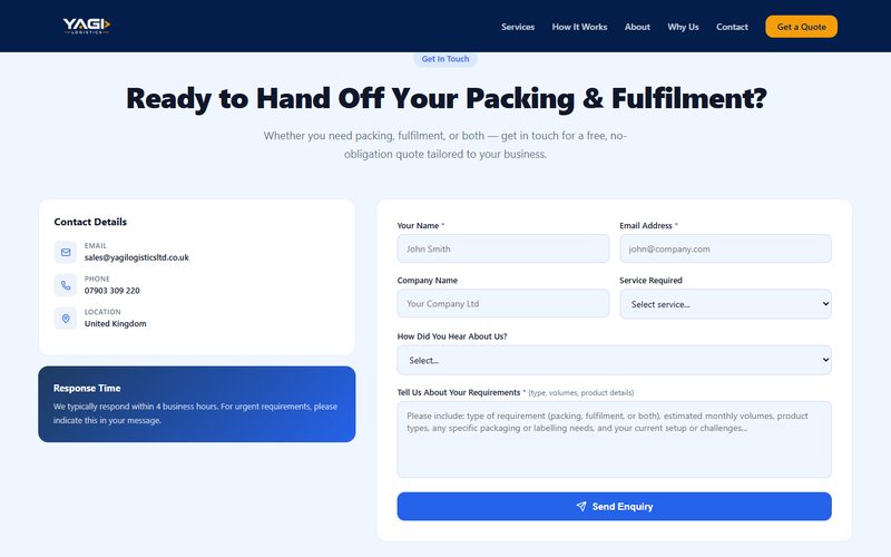 YAGI Logistics website – Get a quote
